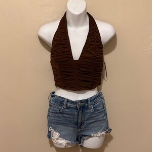 Edikted Brown Ruched Halter Crop Top